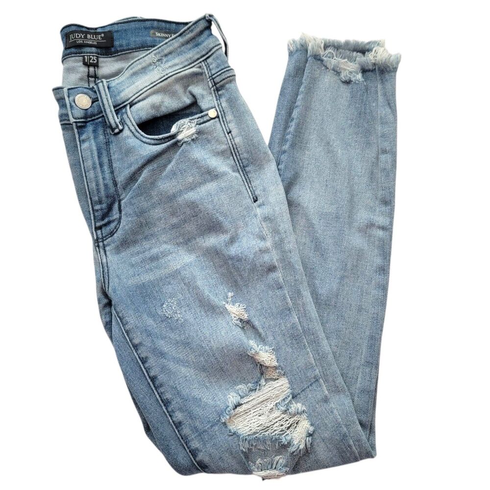 Judy Blue Womens Skinny Jeans 1/25 Distressed Raw Hem Medium Light Wash Denim
